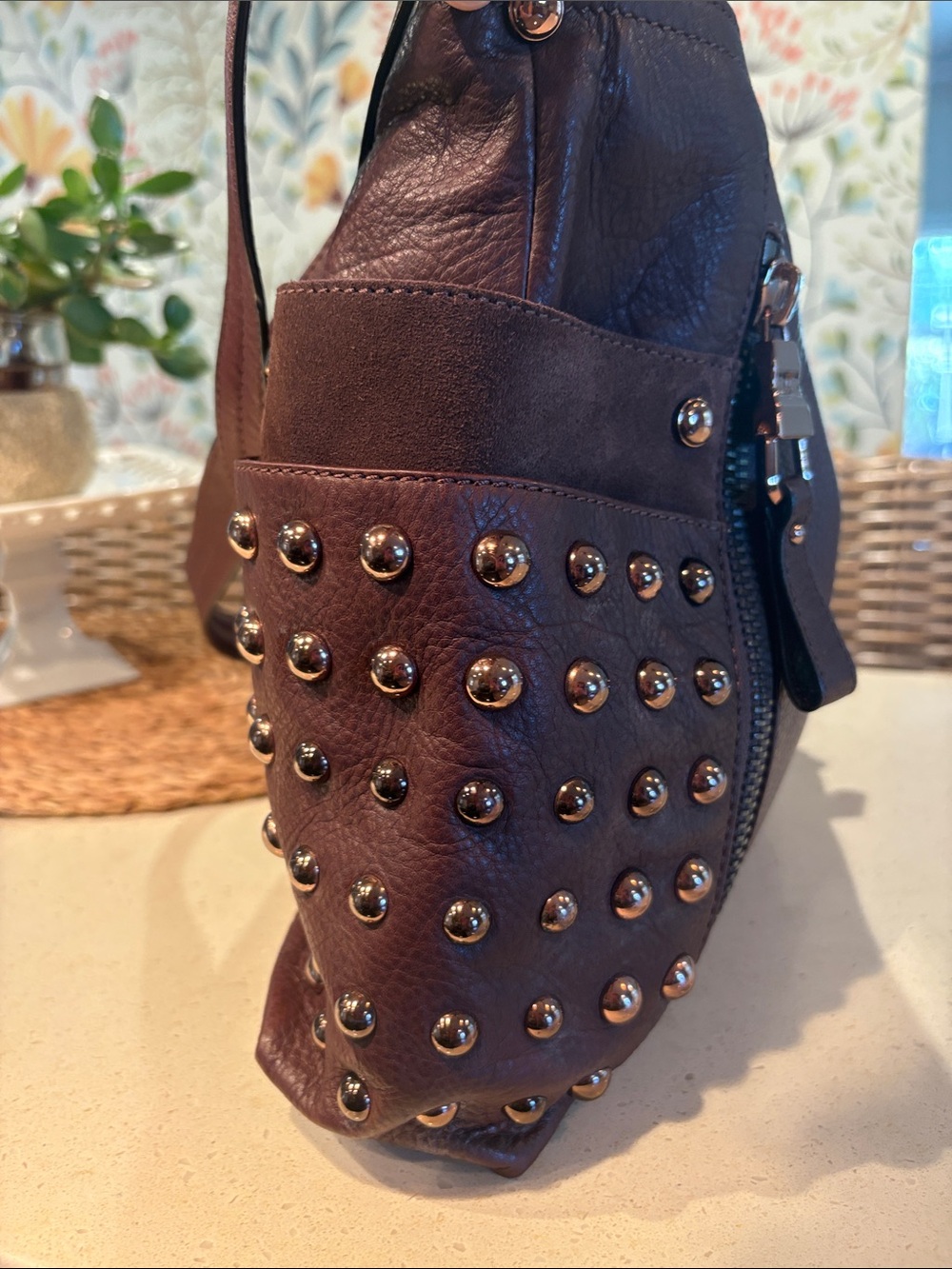 Makowsky Rose-Gold Studded Brown Leather Crossbody Hobo Bag - Picture 4 of 9